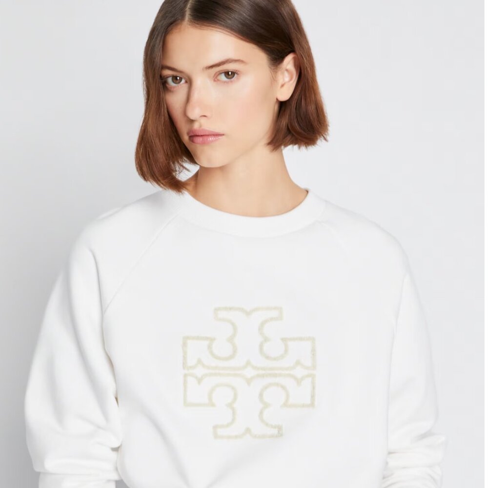 Tory Burch HEAVY FRENCH TERRY LOGO CREWNECK Sweater Sweatshirt White XS - Picture 4 of 16